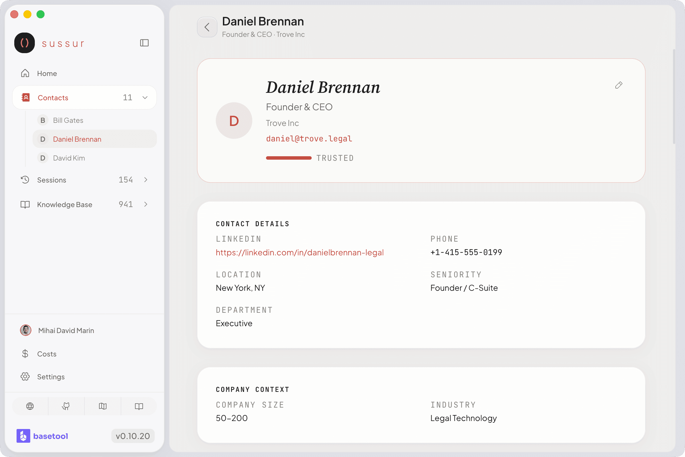 Contact profile view showing Daniel Brennan with communication style, hot topics, and past outcomes