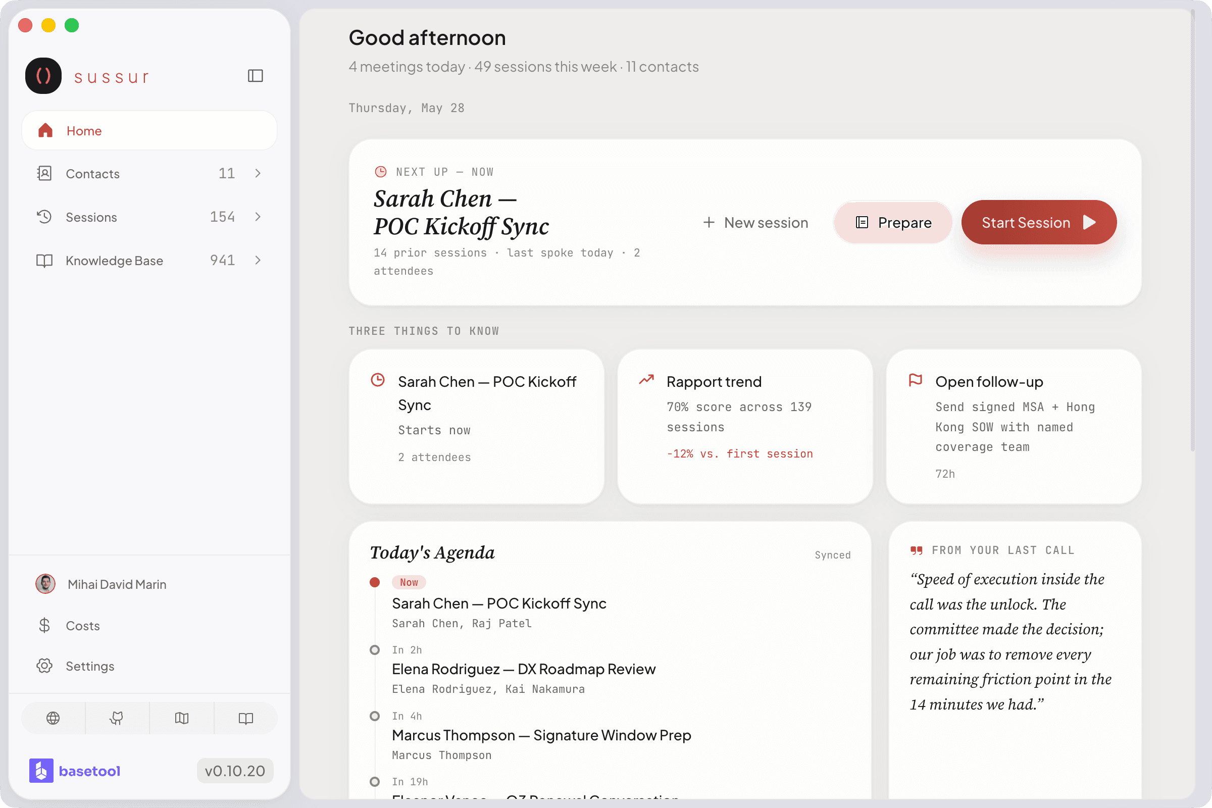 Sussur showing the next upcoming call