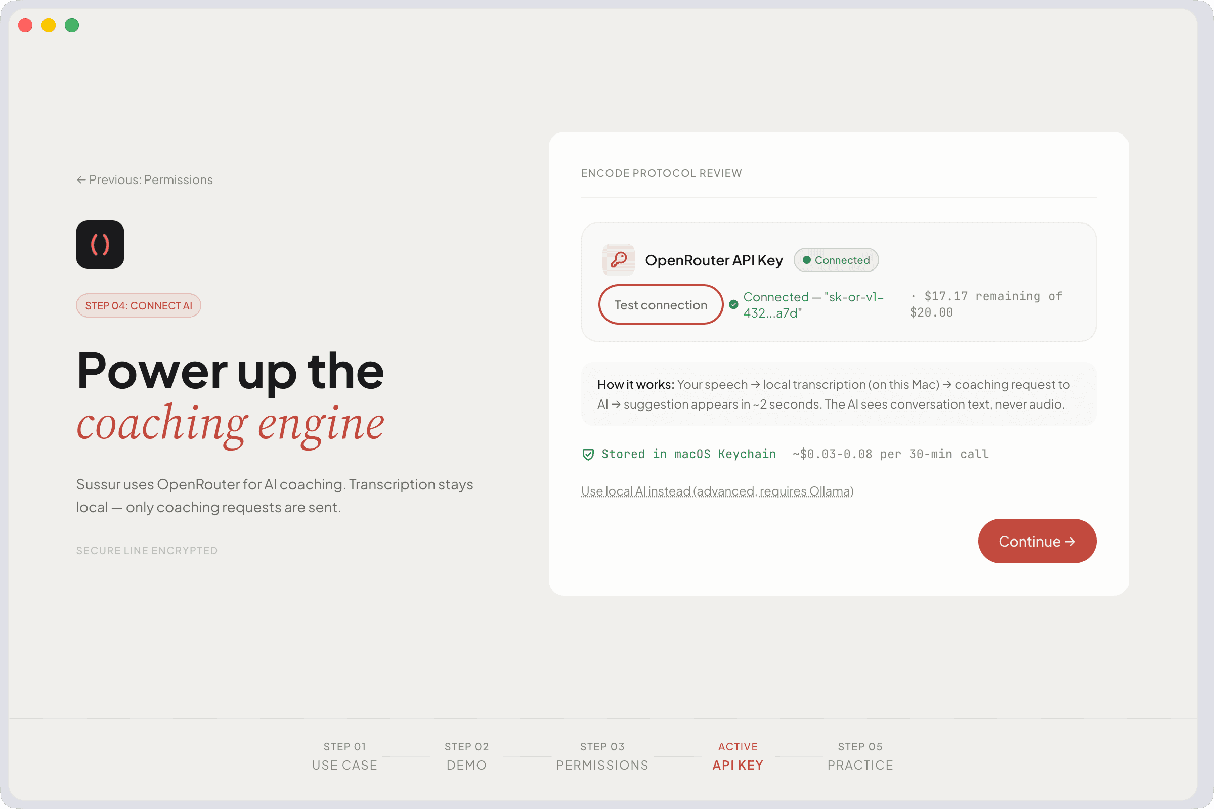 OpenRouter API key onboarding step letting users bring their own provider for cloud or local LLM coaching
