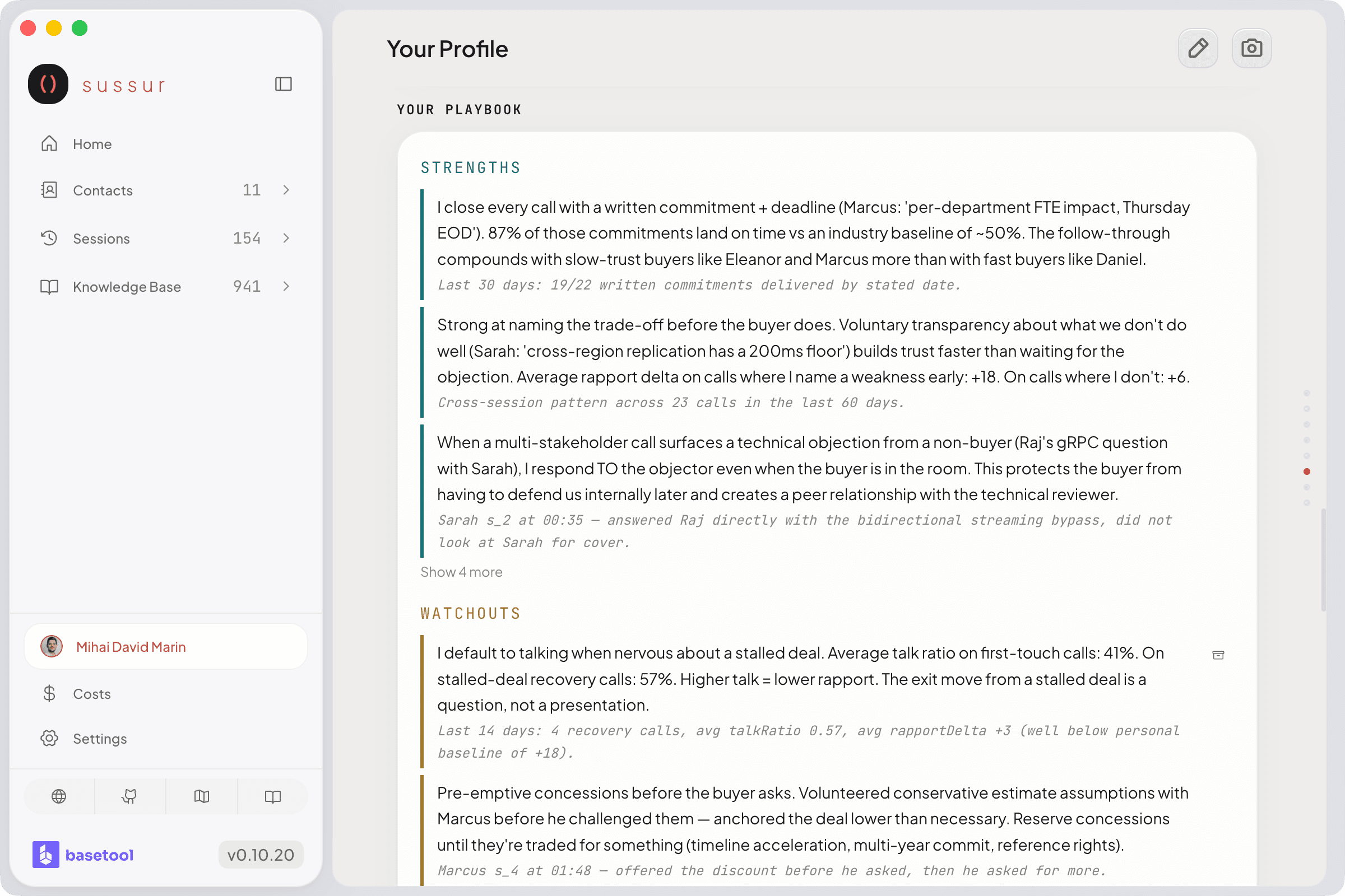 Profile playground showing extracted cross-call insights with accept and dismiss controls